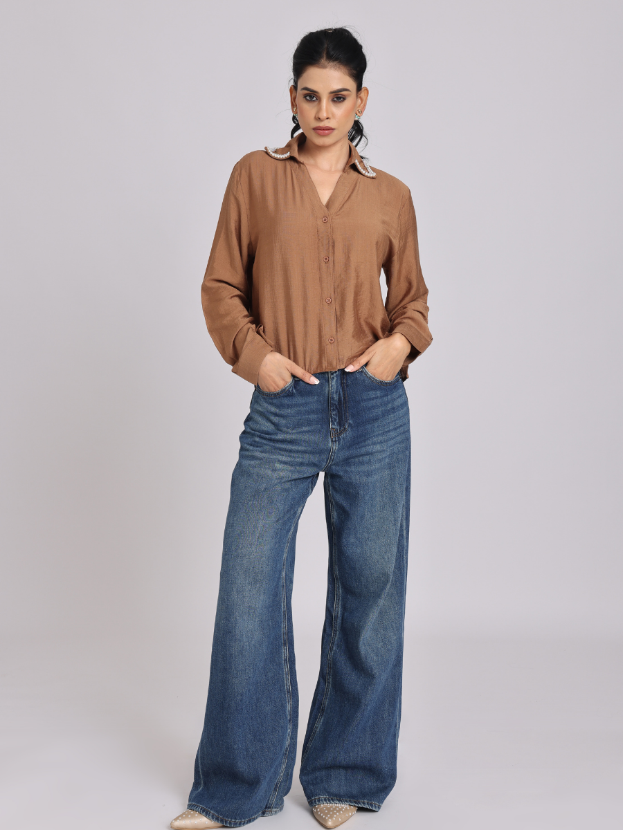 Elegant Rust Brown Pearl - Trim Shirt