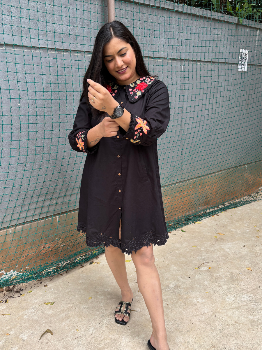 Embroidered Black Collar Dress