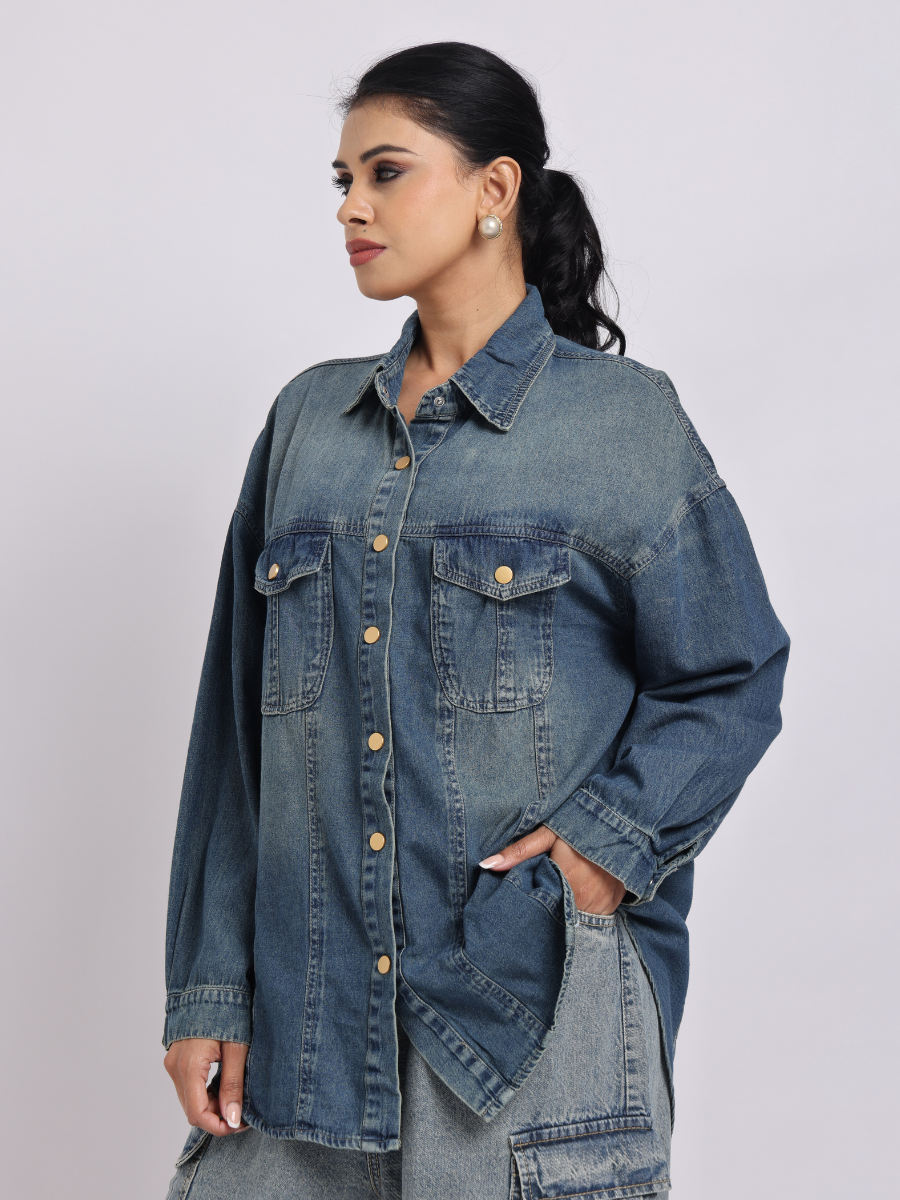Mid Blue Oversized Denim Shirt with Dropped Shoulder