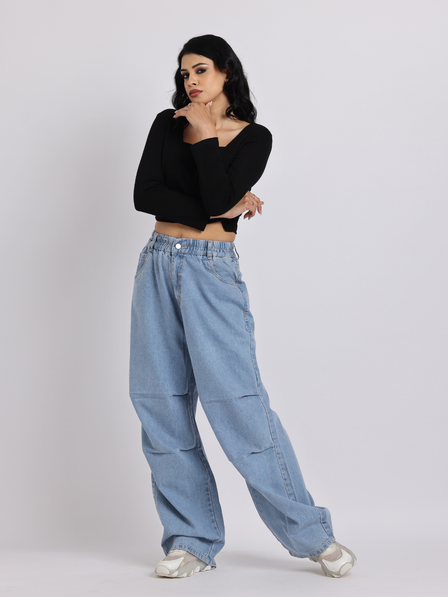 High-Waist Elasticated Wide-Leg Denim Jeans