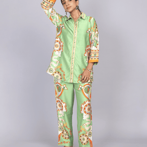Elegant Green Silk Co-Ord Set with Floral Print