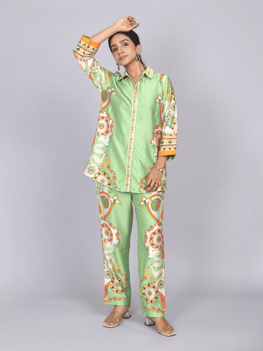 Elegant Green Silk Co-Ord Set with Floral Print