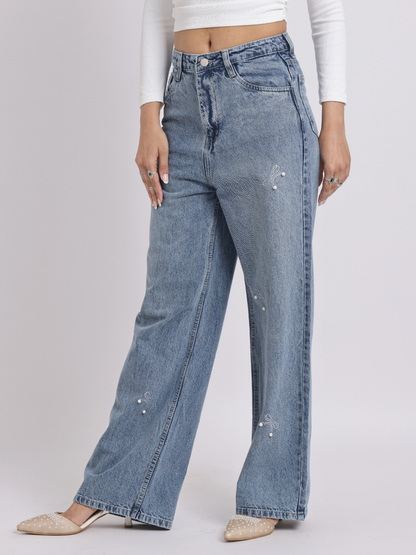 Vintage Light Blue Pearl Bow Straight-Fit Denim Jeans