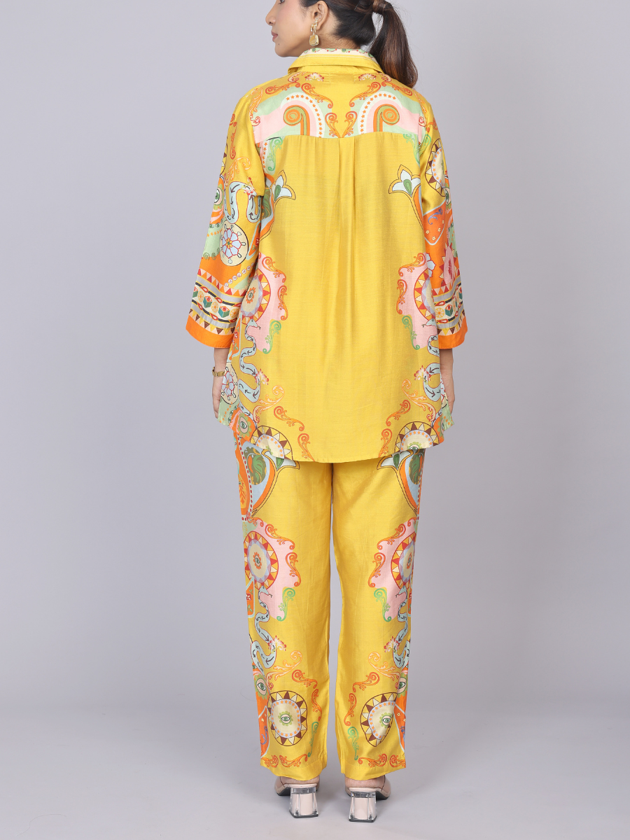 Yellow Silk Co-Ord Set with Floral Print