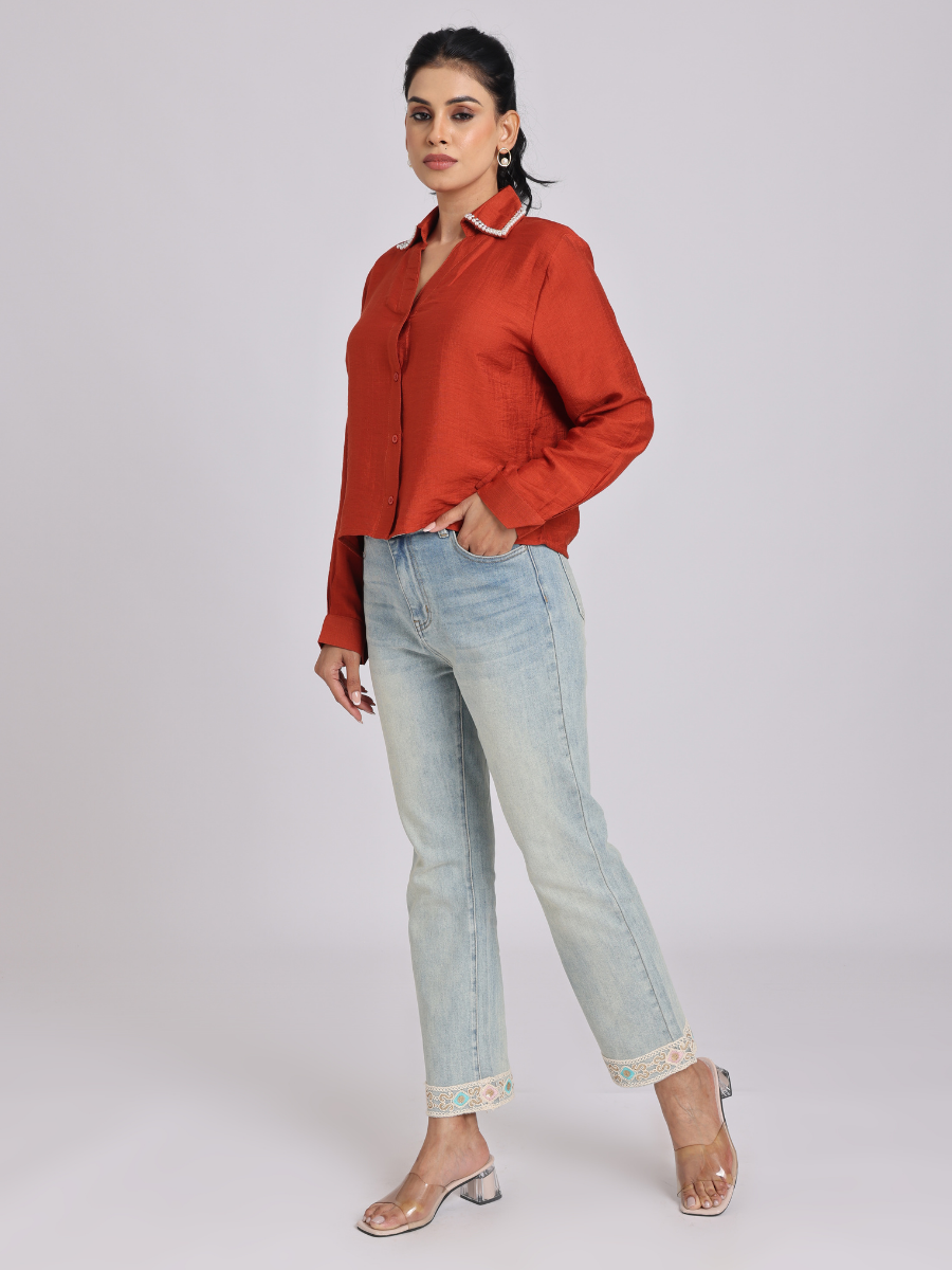 Rust Orange Pearl & Diamond Collar Shirt