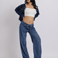 Blue Drawstring Waist Wide-Leg Denim Jeans