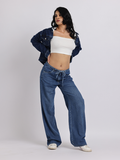 Blue Drawstring Waist Wide-Leg Denim Jeans