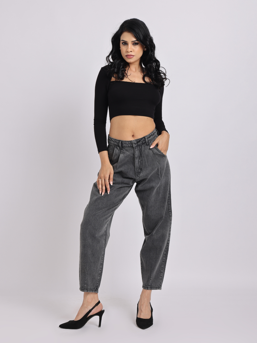 Grey Mid-Rise Tapered Denim Jeans