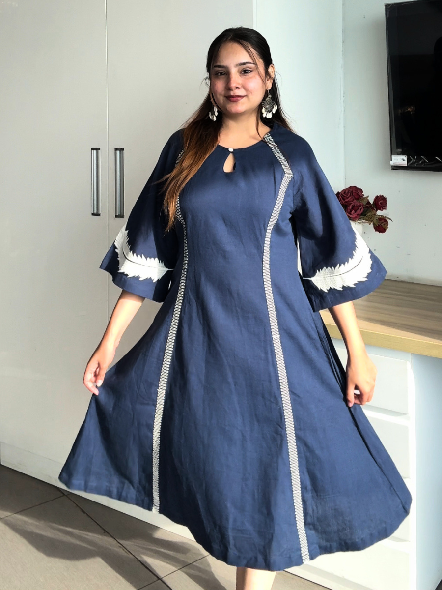 Midnight Blue Embroidered Flared Dress