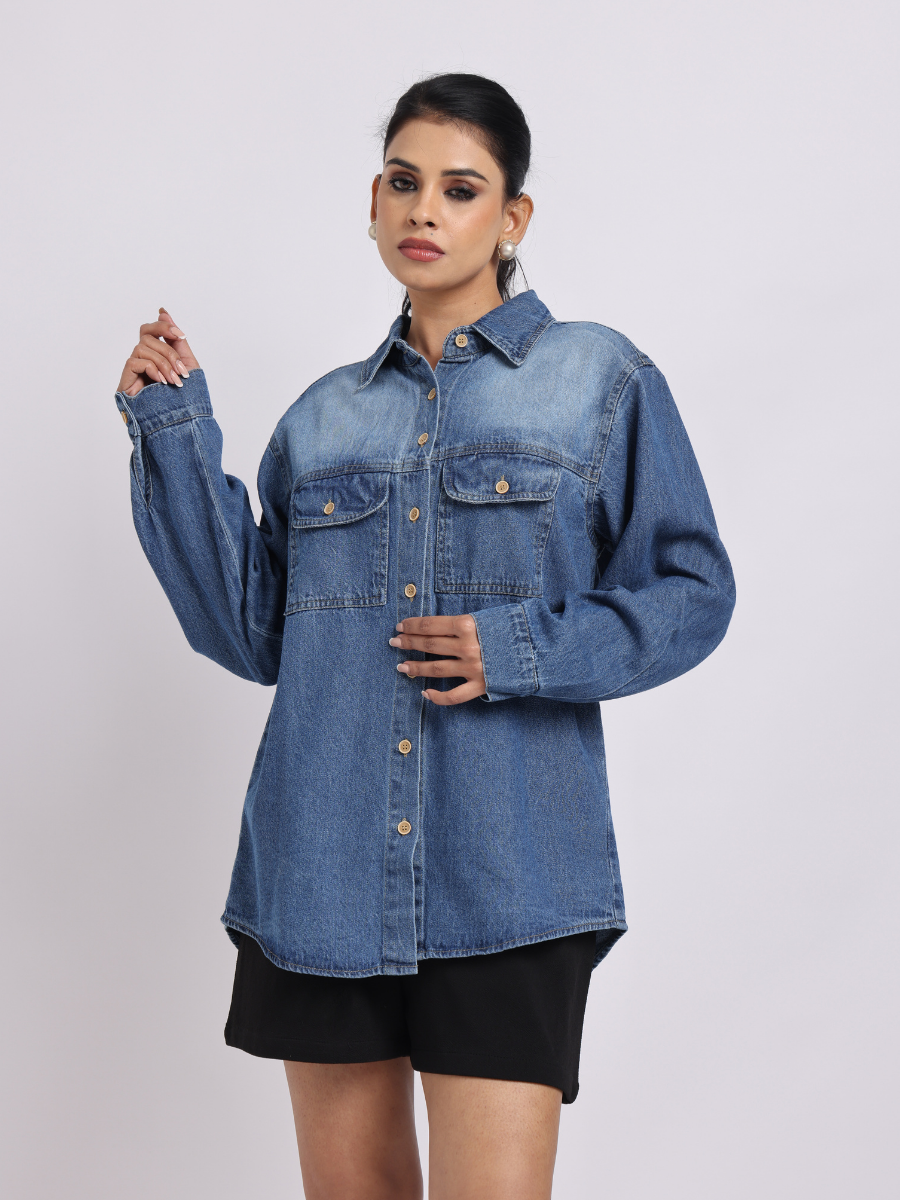 Relaxed Fit Denim Shirt – Mid Blue Wash