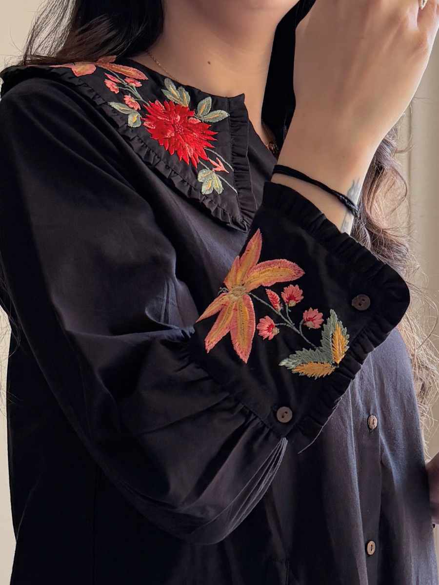 Embroidered Black Collar Dress