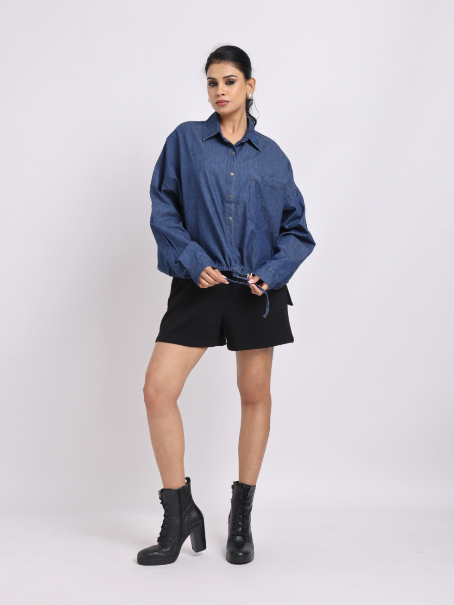 Drawstring Hem Denim Shirt
