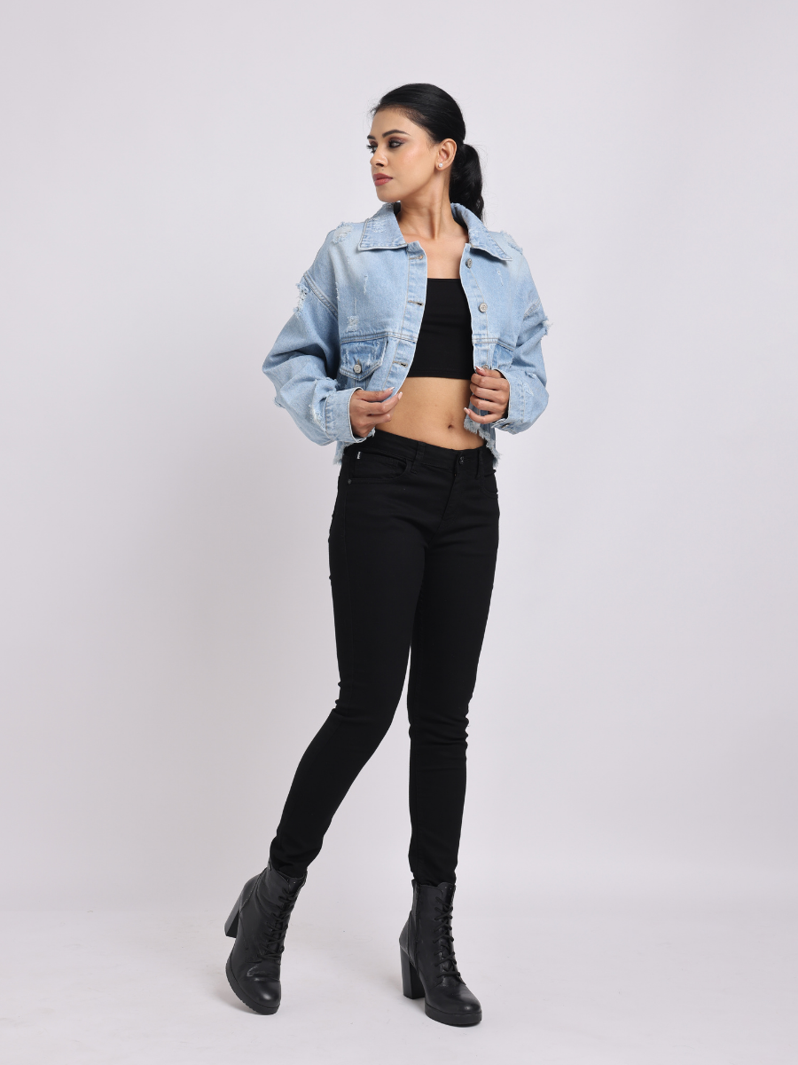 Light Blue Distressed Cropped Denim Jacket