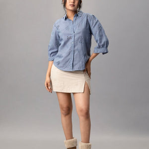 Blue Cotton Shirt with Cutwork Embroidery