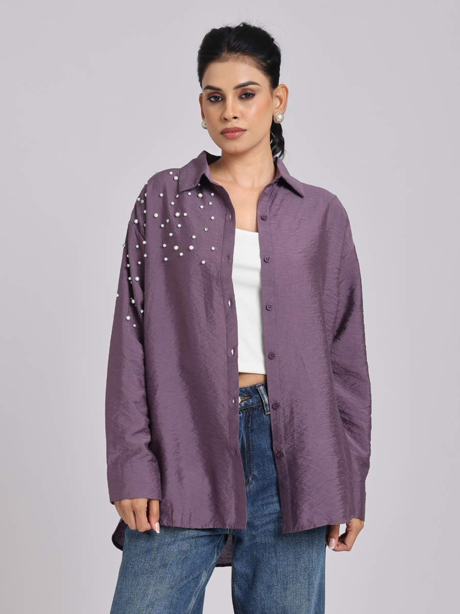 Purple Oversized Pearl & Diamond Embellished Shirt