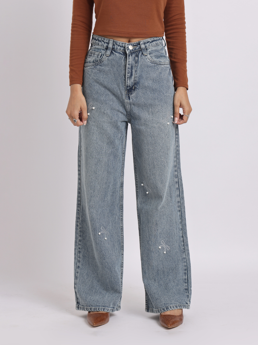 Vintage Blue Pearl Bow Straight-Fit Denim Jeans