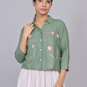 Sage Green Blossom Embroidered Cotton Shirt