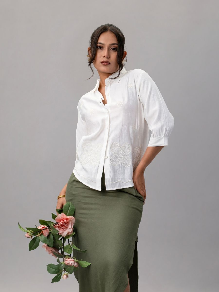 Classic White Embroidered Scallop Hem Shirt