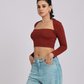 Chic & Sexy Square Neck Fitted Crop Top - Brown