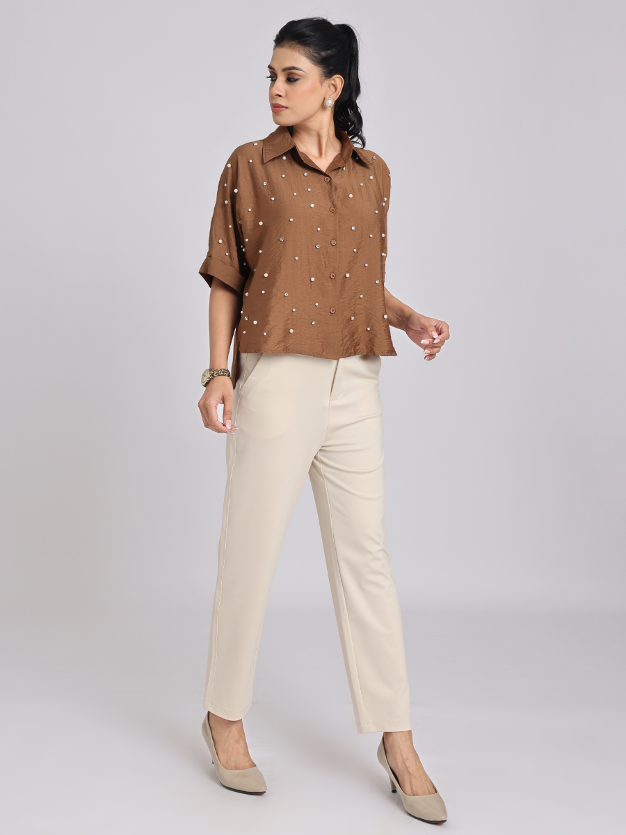 Cocoa Brown Pearl-Diamond Oversized Shirt