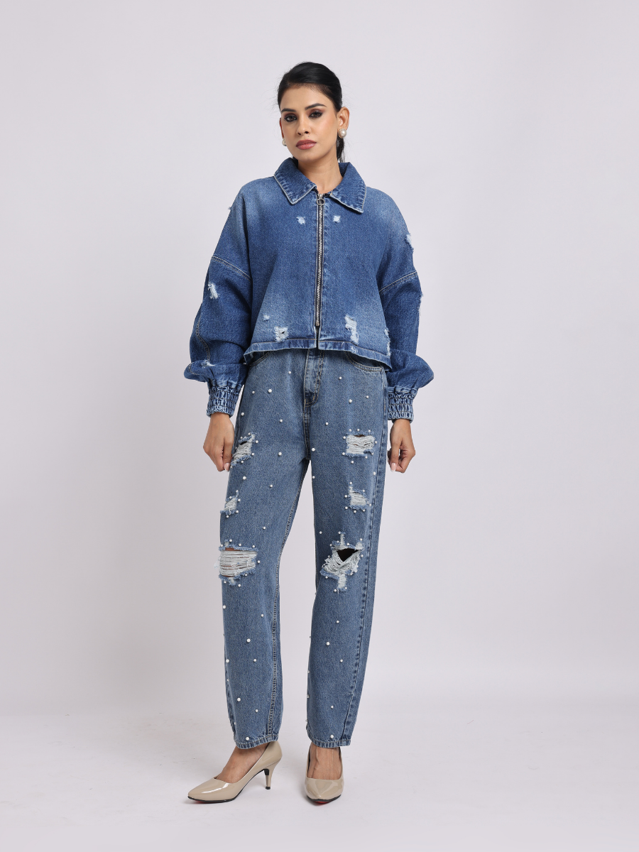 Blue Distressed Denim Jacket with Zip Closure