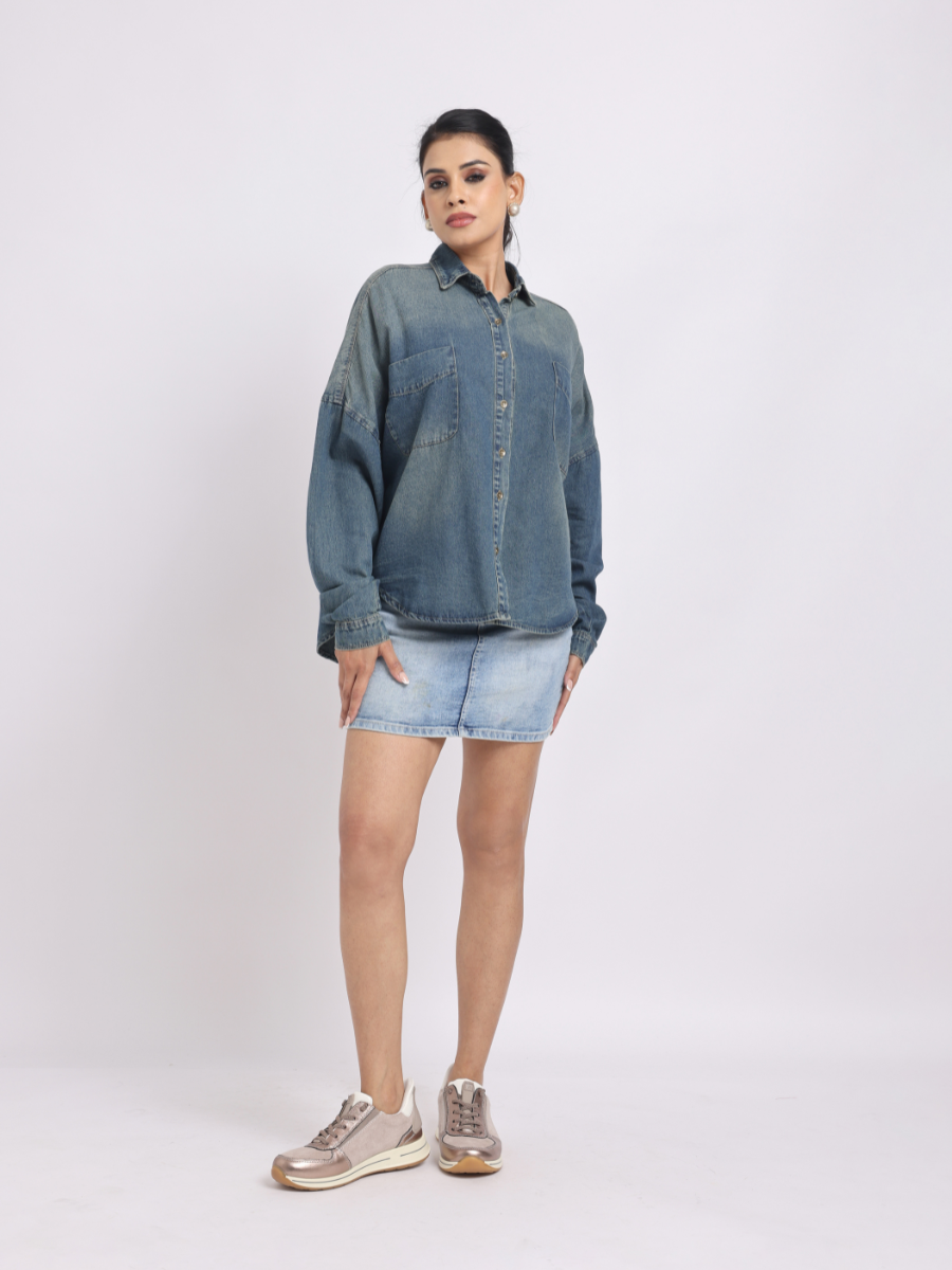 Oversized Dark Mid Blue Denim Shirt with Dropped Shoulder