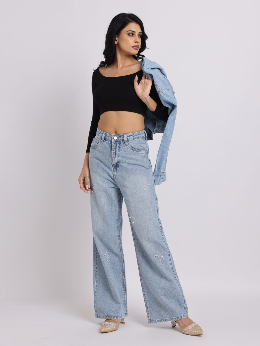 Light Blue Pearl Bow Straight-Fit Jeans