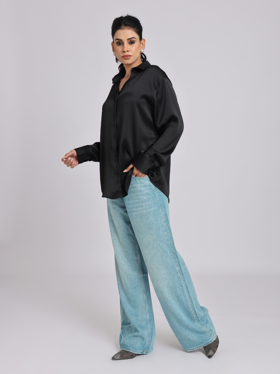 Premium Black Satin Long-Sleeve Shirt
