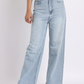 Light Blue Rhinestone-Embellished Wide-Leg Denim Jeans