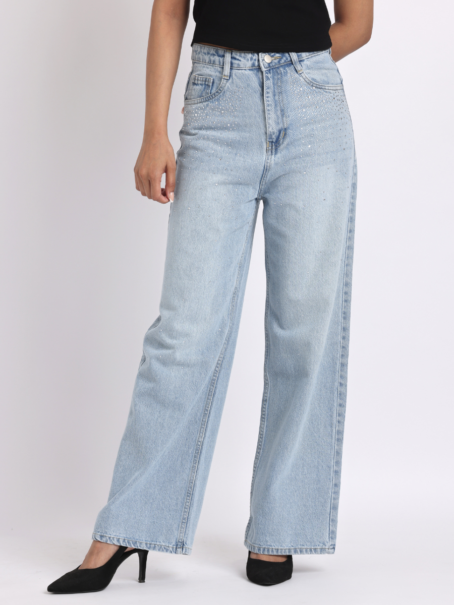 Light Blue Rhinestone-Embellished Wide-Leg Denim Jeans