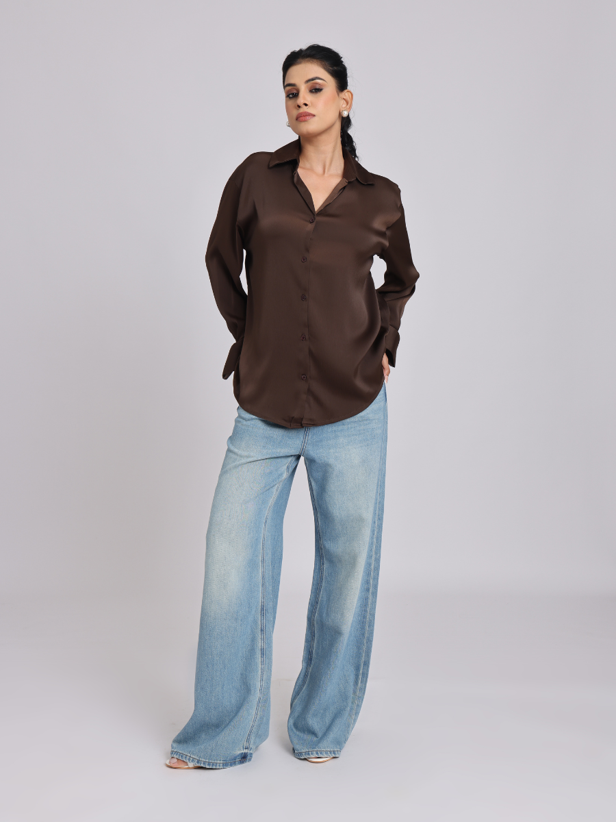 Rich Mocha Satin Long-Sleeve Shirt