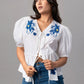 White Puff Sleeve Top with Blue Floral Embroidery
