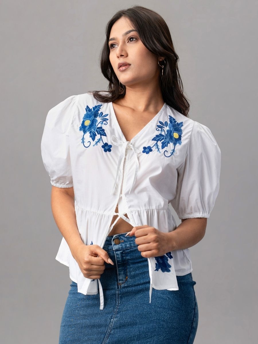 White Puff Sleeve Top with Blue Floral Embroidery