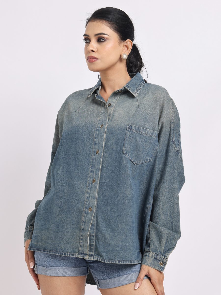 Oversized Mid Blue Denim Shirt with Dropped Shoulder