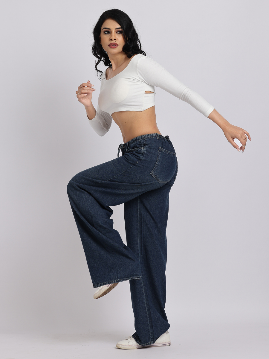 Dark Blue Drawstring Waist Wide-Leg Denim Jeans