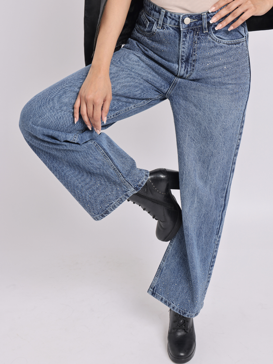 Mid-Blue Rhinestone Straight-Fit Jeans