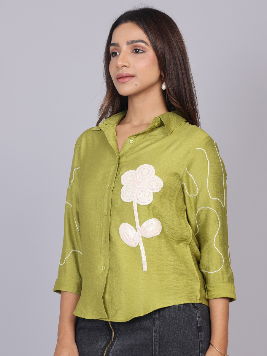 Lime Bloom Embroidered Shirt