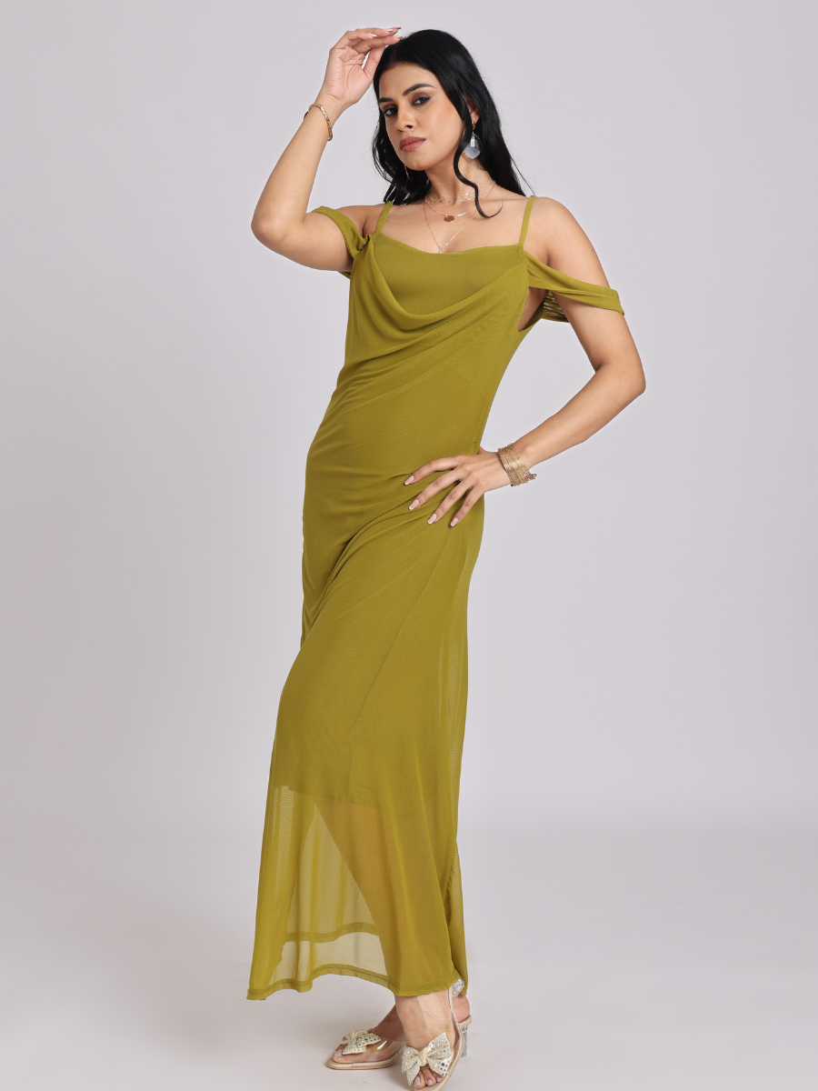 Olive Green Draped Cold-Shoulder Maxi Dress