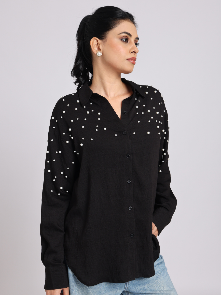 Black Oversized Pearl & Diamond Embellished Shirt