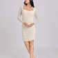 Ivory Ruched Mesh-Sleeve Bodycon Mini Dress