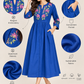 Blue Embroidered Cotton A-Line Midi Dress