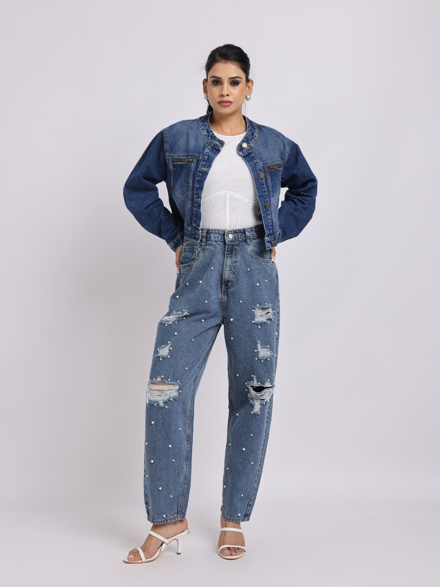 Blue Denim Jacket | Cropped Fit with Front Zipper Detail