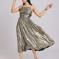 Metallic Gold Cowl-Neck Bow-Back Midi Dress