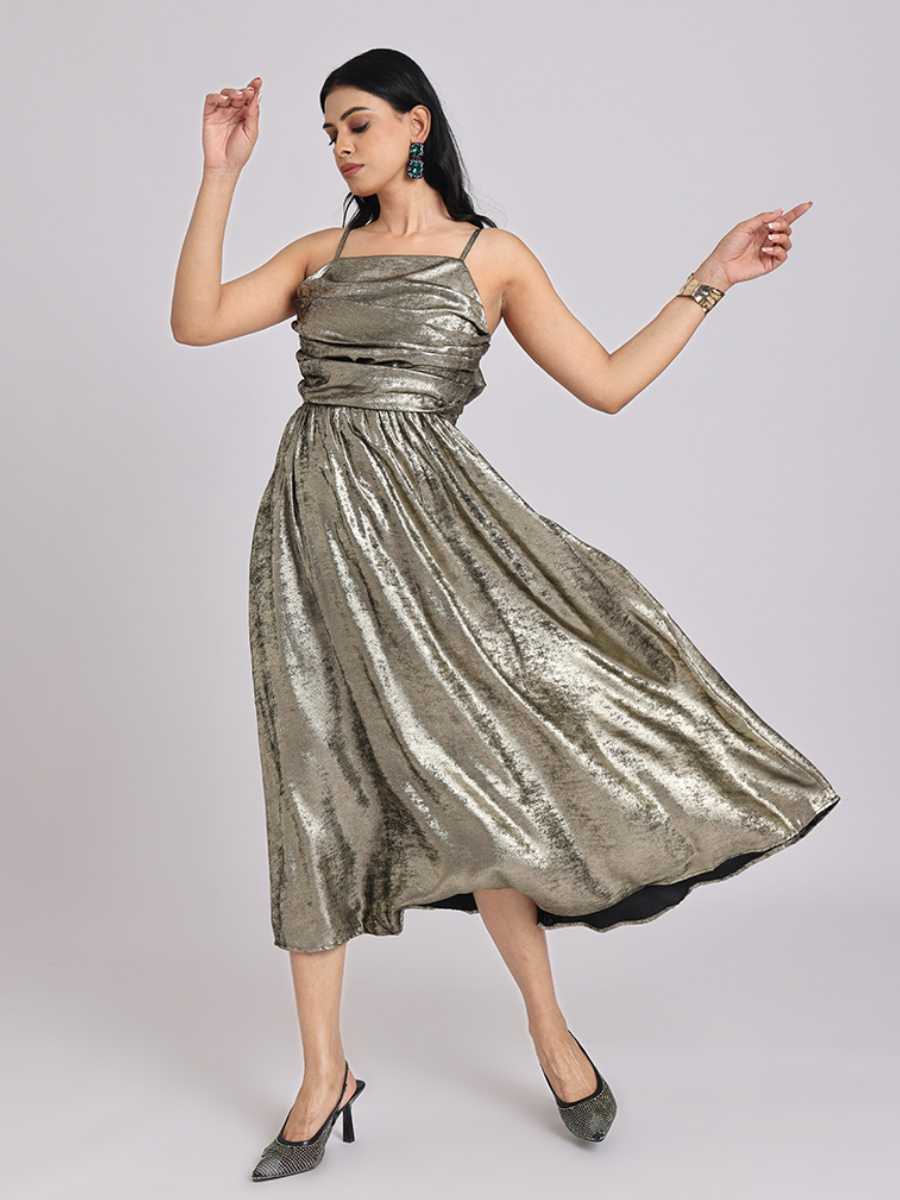 Metallic Gold Cowl-Neck Bow-Back Midi Dress