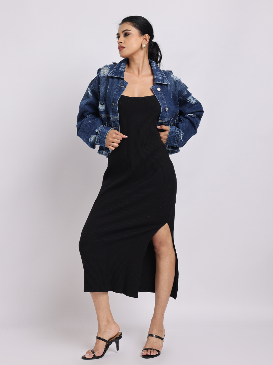 Blue Distressed Cropped Denim Jacket