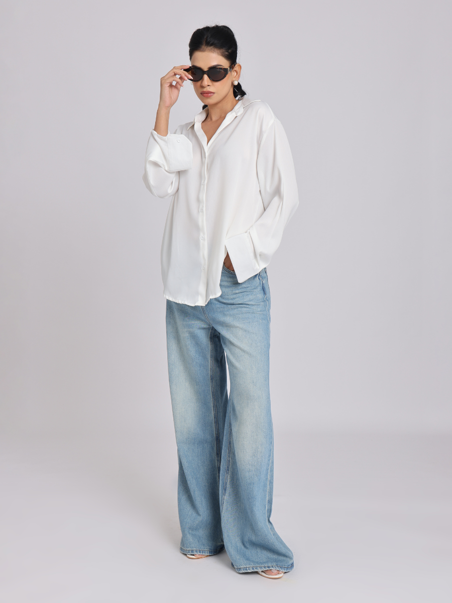 Elegant White Satin Collared Shirt