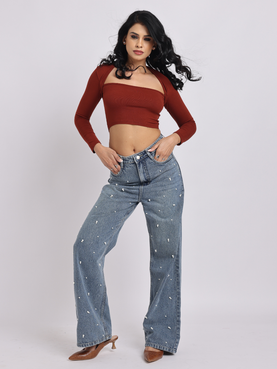 Mid-Rise Pearl-Studded Blue Denim Jeans