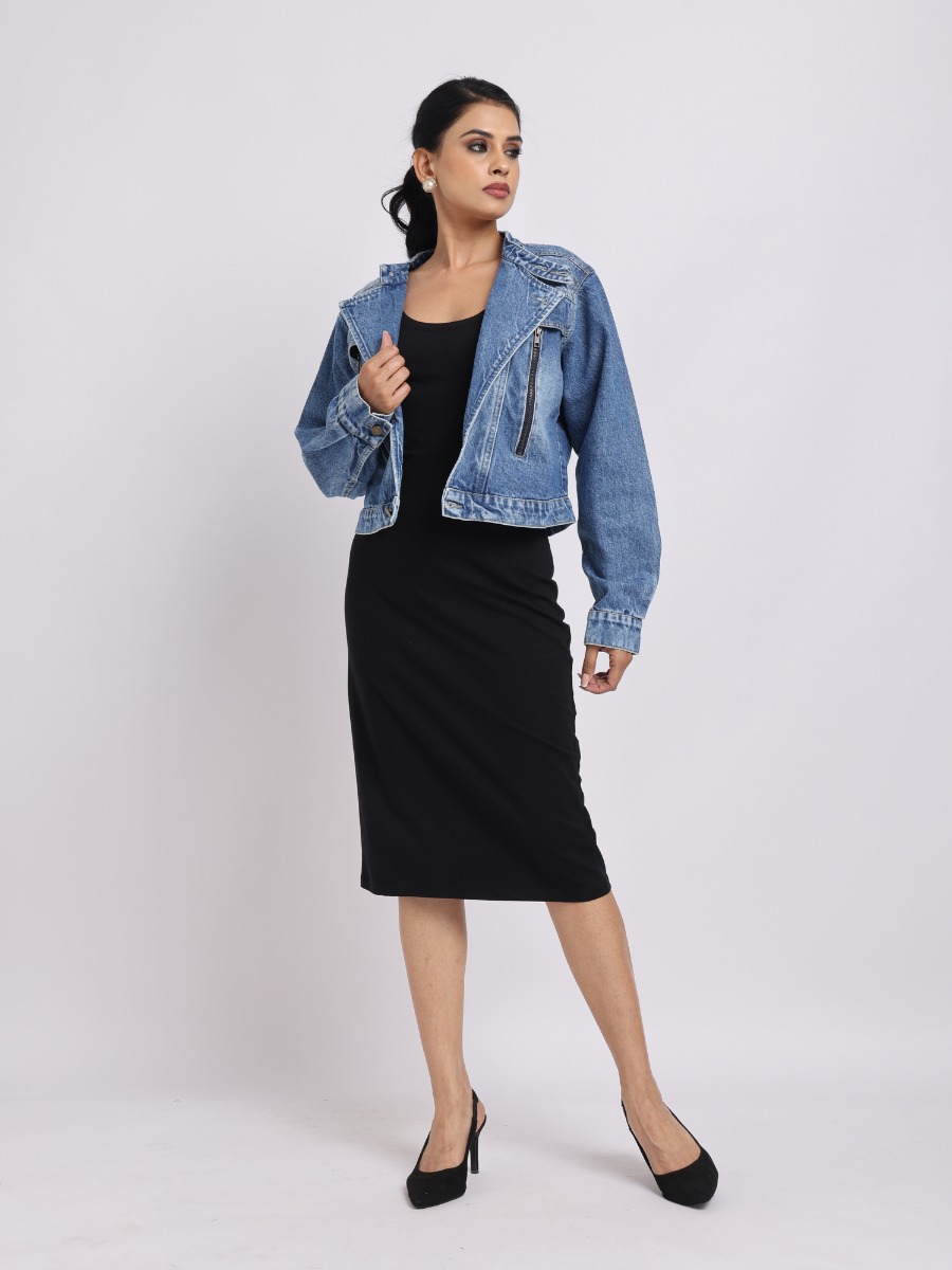 Blue Cropped Denim Jacket with Front Zip Detailing