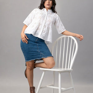White Eyelet Embroidered Peplum Shirt