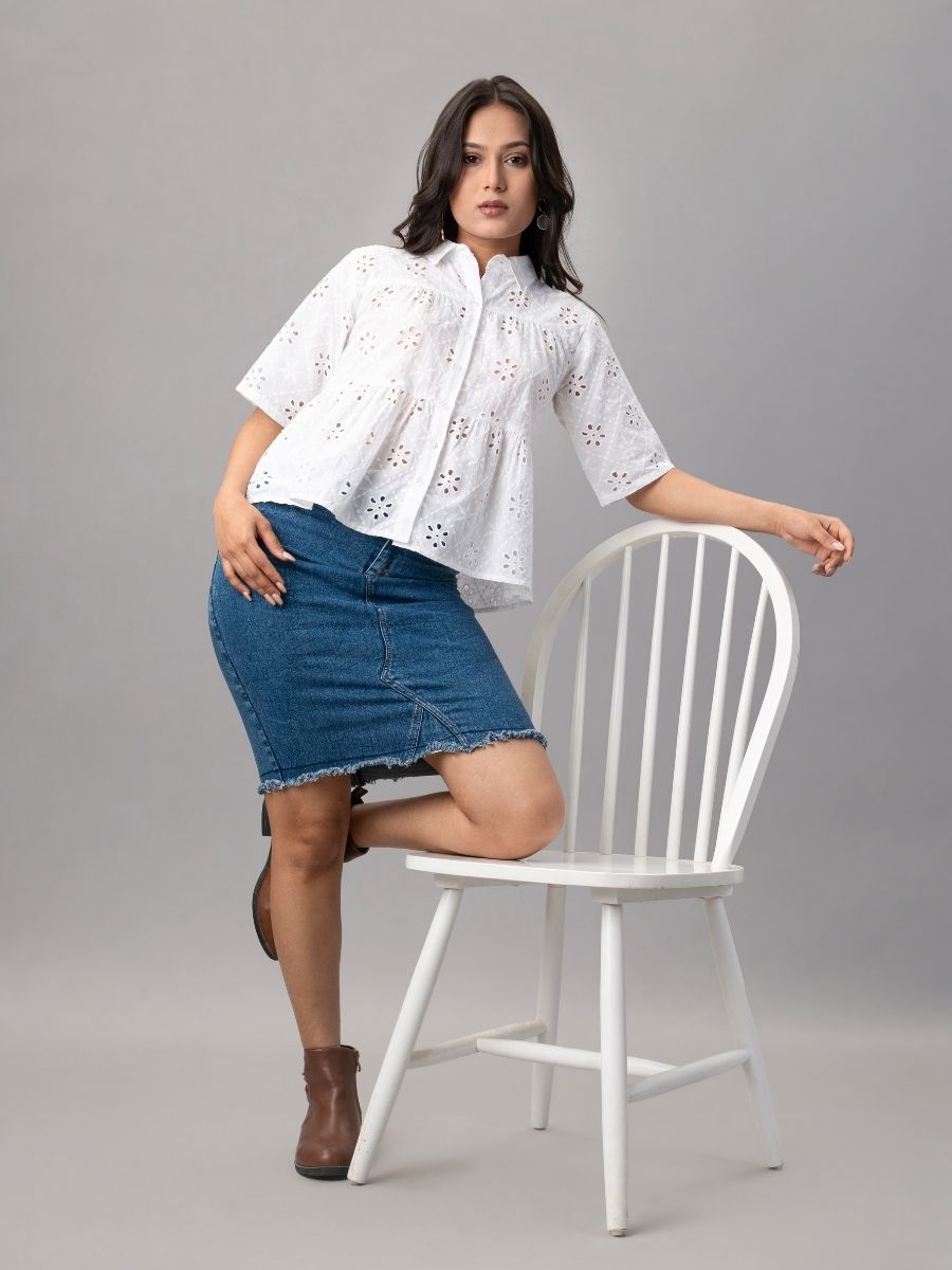 White Eyelet Embroidered Peplum Shirt